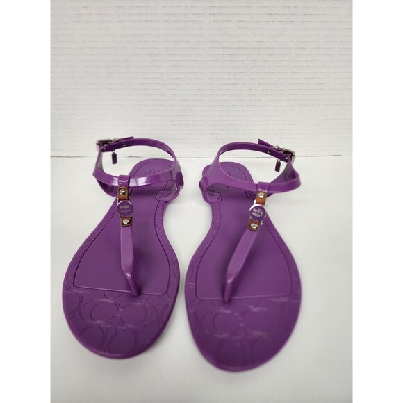 Coach Womens Piccadilly Sandals Thongs Purple Logo Flat Heel Ankle Buckle 8B - Picture 1 of 10